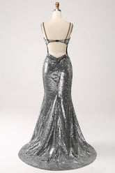Schwarzes glitzerndes Meerjungfrauen Spaghettiträger Korsett Ballkleid mit Schlitz